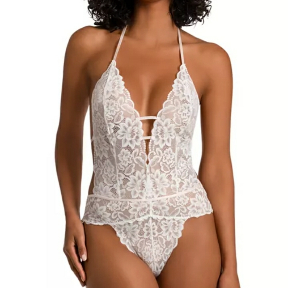 In Bloom by Jonquil, Sheer lace thong Teddy in Champagne NWT
